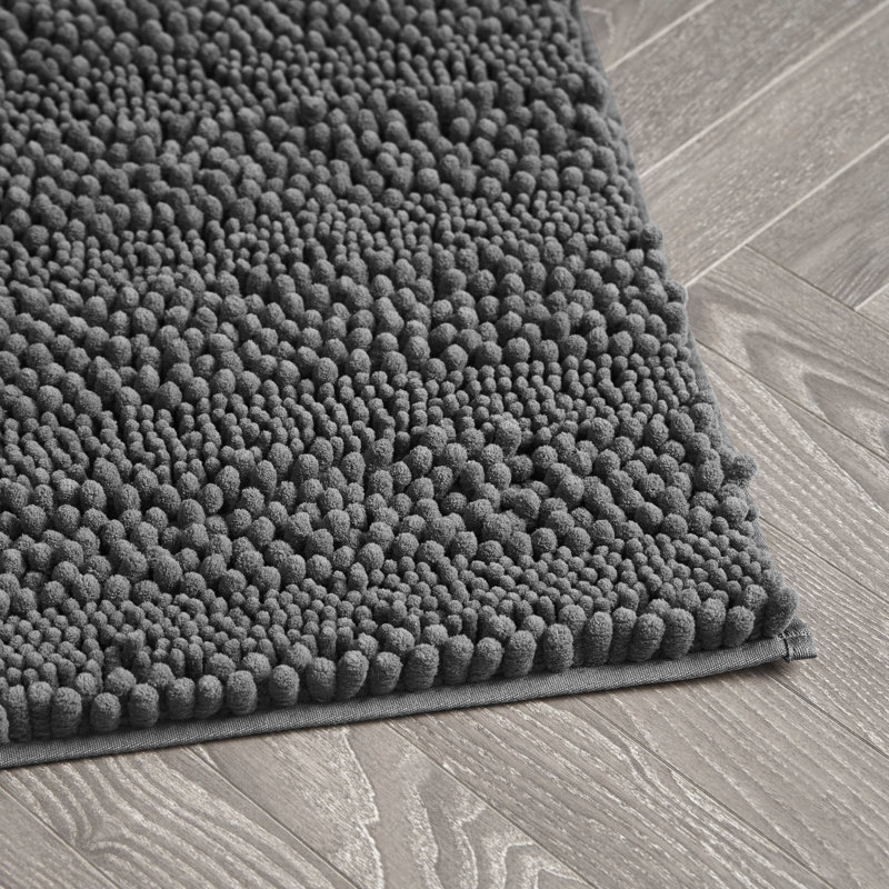 Dark Gray Chenille Non-Slip Polyester Bath Mat Set
