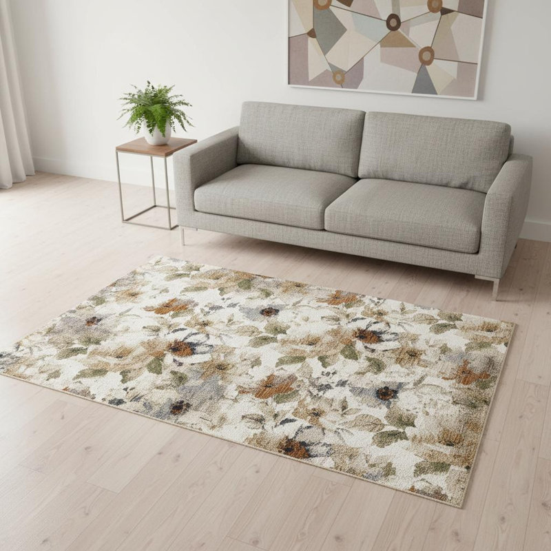 Tapis floral beige et vert crème 5 pi x 8 pi