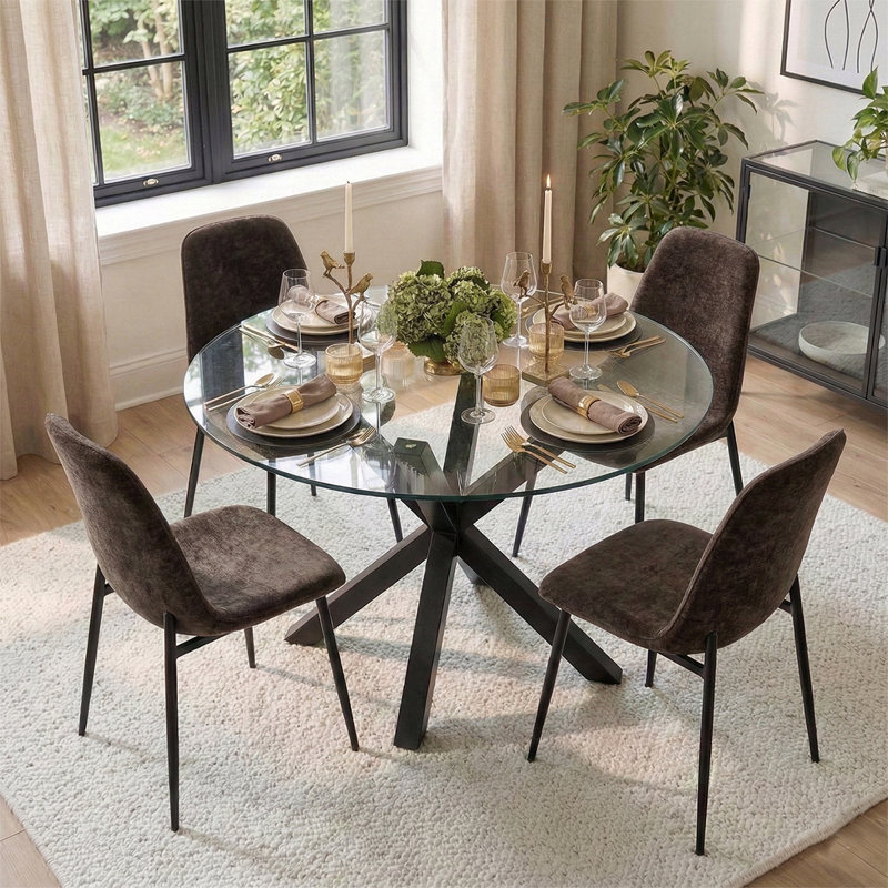 Ensemble de table de salle à manger pour 4 personnes avec table ronde en verre et 4 chaises rembourrées en chenille, Brown