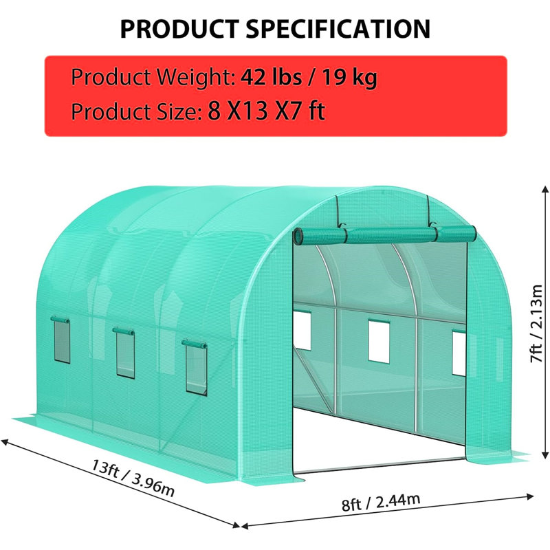 8*13*7Ft Walk-In Greenhouse Portable Walking In Tunnel Tent W/ 1 Door 6 Window, 84"H x 96"W x 156"D