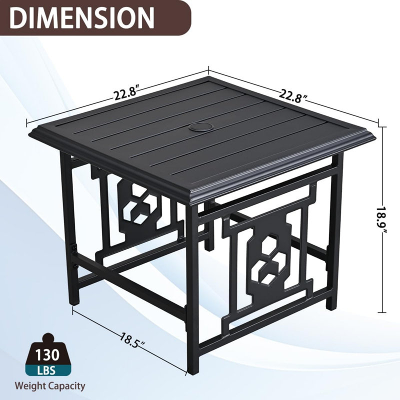 Outdoor Patio Table With Umbrella Hole Metal Steel 22.8'' Square Side Table Bistro Furniture Garden Table For Porch Balcony Yard