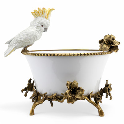 Bassin en porcelaine avec cacatoès bronze