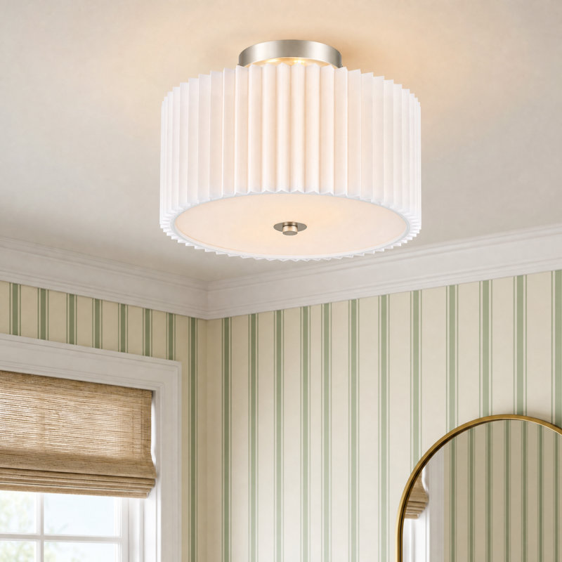 Plafonnier semi-encastré en tissu Pelayo, Nickel, H 9,3 po x l 12,2 po x P 12,2 po