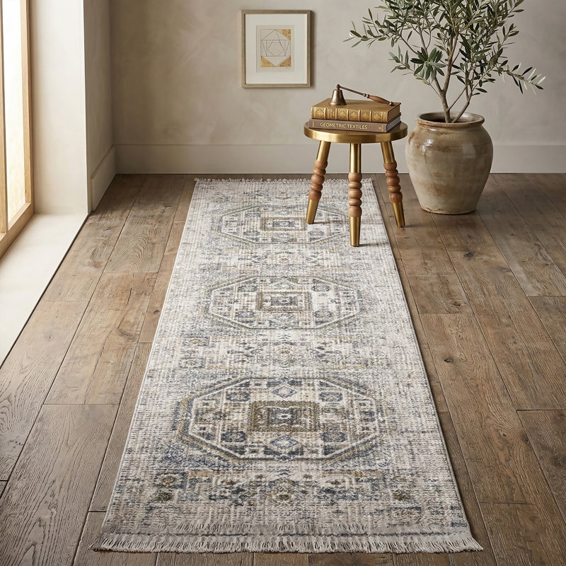 Boho Vintage Fringe Area Rug In Cream/Beige/Gray/Yellow/Blue Carpet For Living Room, Bedroom, Hallway Runner, Runner 2' x 8'