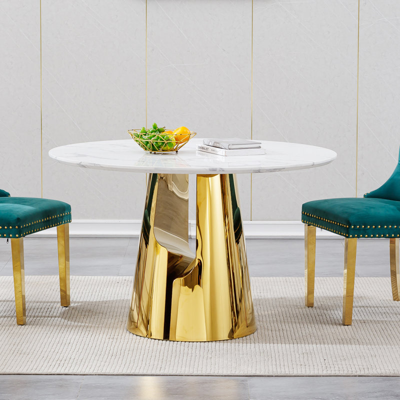 45" Round Marble Dining Table For 4-6, Modern White Faux Marble Kitchen Dining Room Table With Stainless Steel Cross Legs, Luxury Round Dinner Table For Kitchen Dining Room