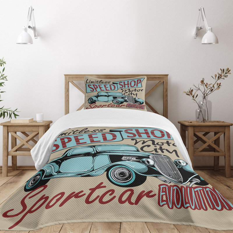 Ambesonne Nostalgic Bedspread Classic Vibes Car Print, Twin Bedspread + 1 Standard Sham