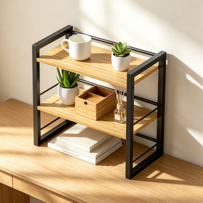 Wooden Desk Shelf Organizer for Office and Home, Two-Tier Desktop Bookshelf and Storage Rack for Supplies, Decor, and More