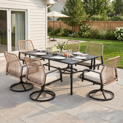 7-piece Outdoor Patio Dining Set, 6 Woven Rattan Swivel Chairs With Cushions & Metal Slat Table With 1.96” Umbrella Hole, All-weather Patio Dining Set For Garden Or Deck