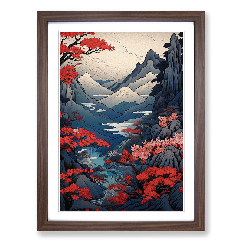 Japanese Mountains Nouveau - Single Picture Frame Print on Wood, Walnut Framed, 64cm H x 46cm W x 2cm D