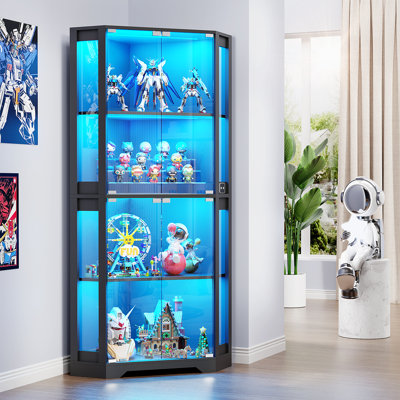 Corner Display Cabinet with Glass Doors, 65" Lighted Curio Display Case with 3 Color Lights for Collectibles, 4-Tier Bookcase with Human Body Sensor for Living Room