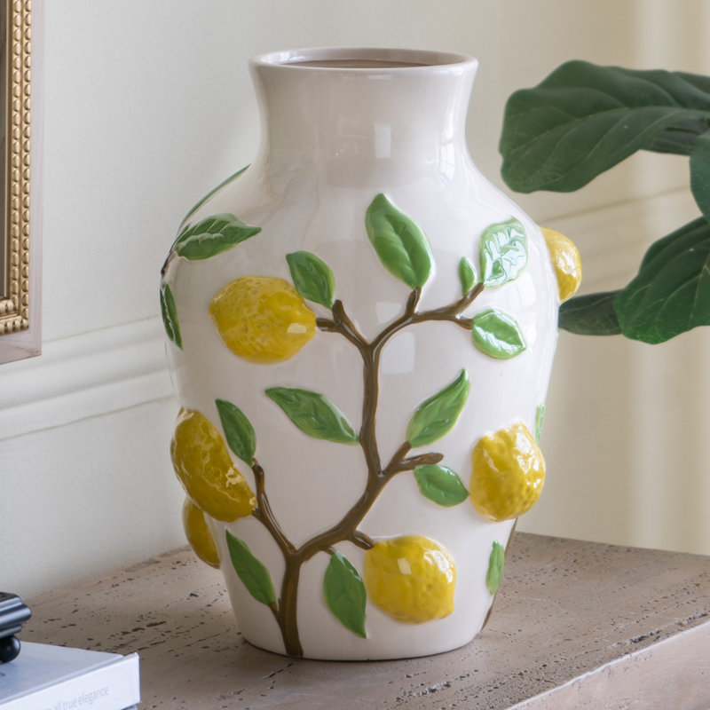 Vase en céramique blanche 9 x 9 x 12,5 po - accents de vigne jaune vif citron et vert, décor 100% céramique 5lbs pour le salon / la cuisine / la salle à manger