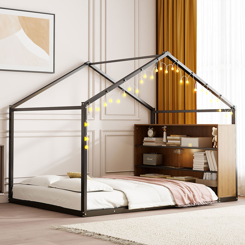 Lit double pleine grandeur en métal noir avec lumières DEL et tablettes de rangement