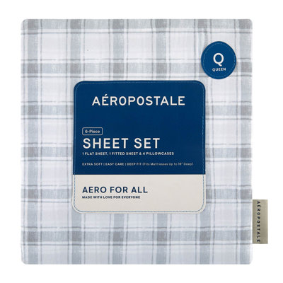 Aeropostale 6 Piece Premium All Season Microfiber Sheet Set, 4 Pillow Cases, 1 Fitted Sheet, 1 Flat Sheet, Fits Mattresses up to 16” Deep, Queen Size, Grey Plaid