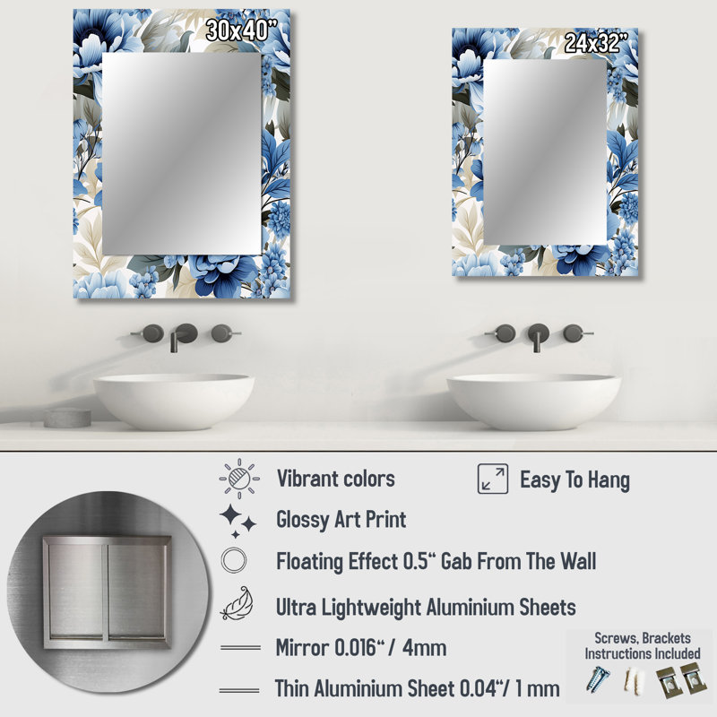 Motif victorien floral bleu et blanc Sridha - grand miroir floral, miroir mural décoratif, art imprimé, 32 po x 24 po