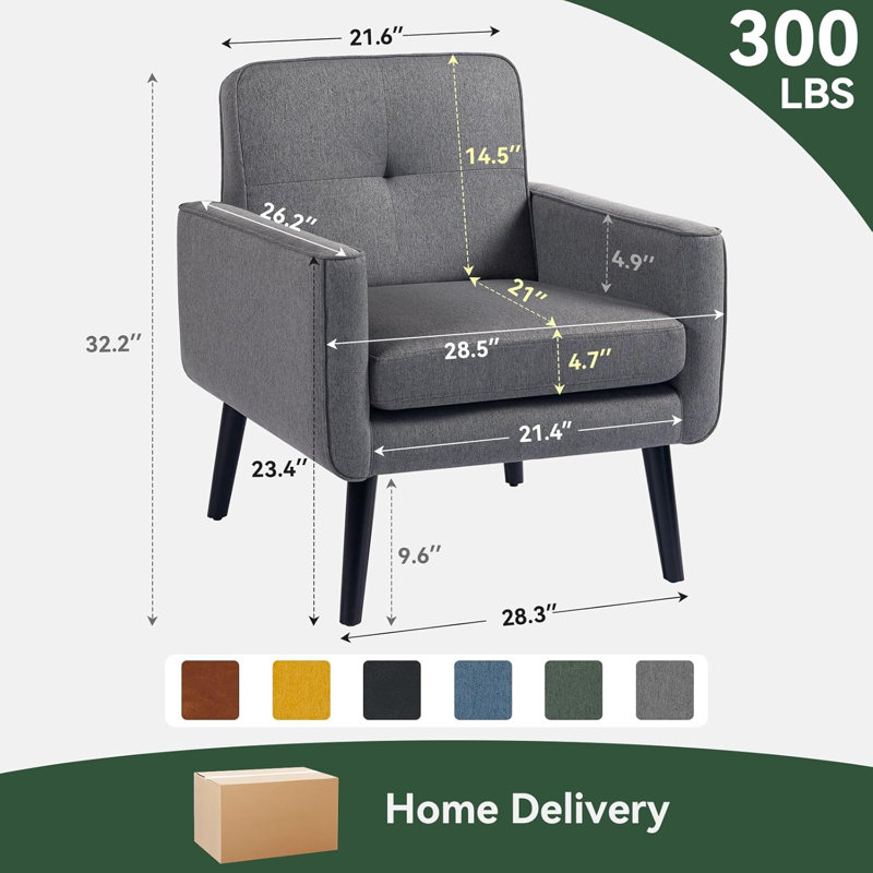 Cottle Mid Century Accent Chair, Fabric Living Room Chairs with Wooden Frame, Cozy Armchair Reading Chair with Comfy Back for Apartment, Living Room, Bedroom, Waiting Room, Small Space, Corner, Grey