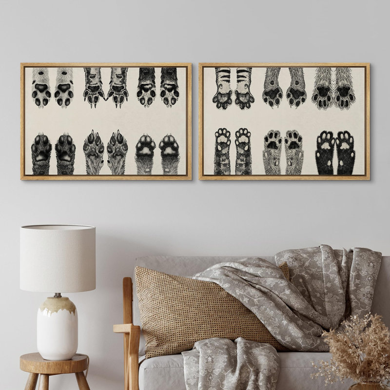 Animaux, chien et chat, mignonnes pattes d'animaux, décor de chambre de bébé rétro - 2 pièces, Encadré naturel