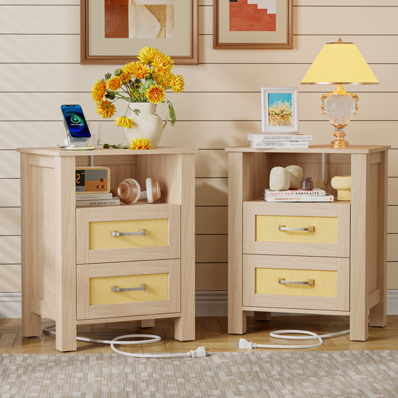 Nightstands With Charging Station - 2 Rattan Drawers, 3-tier Design, Usb/type-c Ports (set Of 2 Or Single), Set of 2, Beige