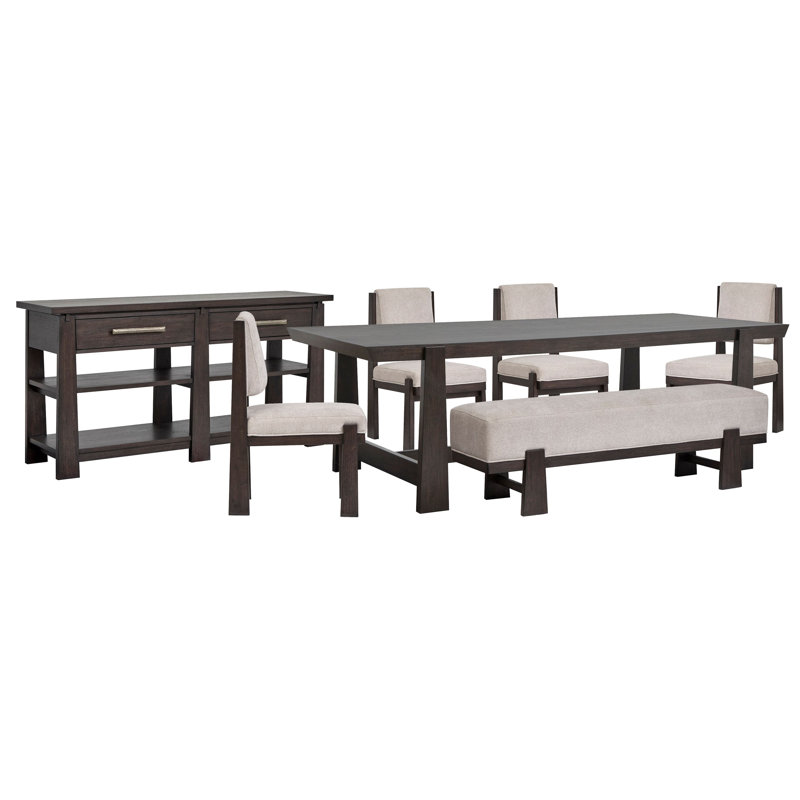 Trestle Dining Table With 4 Upholstered Side Chairs Bench And Sideboard, 7 Pieces: Table, 4 Chairs, Bench, Sideboard