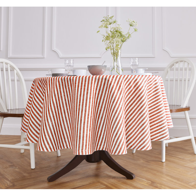 60" Round Red and White Linen Striped Tablecloth