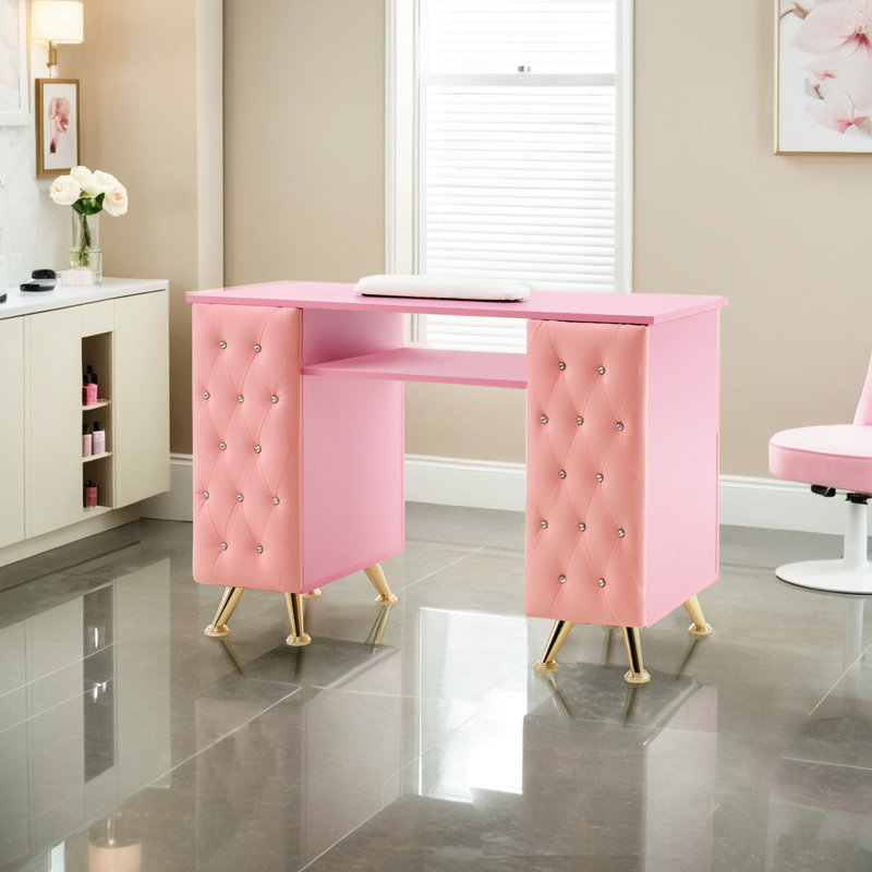 Bureau clouté avec armoire et tiroir Ashayra, Rose