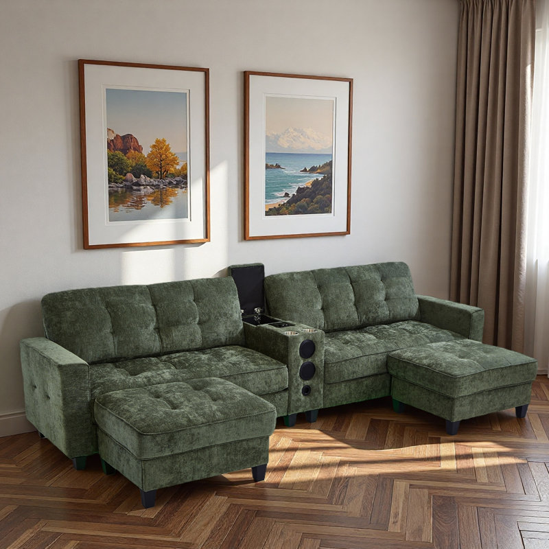Canapé modulaire moderne en forme de U avec repose-pieds de rangement mobile, console multifonctionnelle, haut-parleurs Bluetooth et lumières à DEL