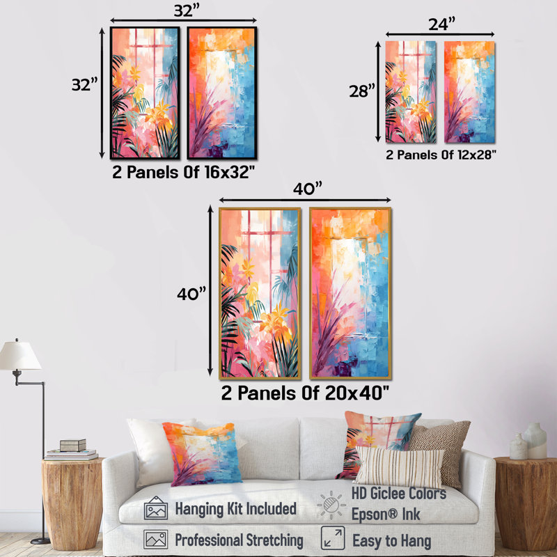 «Pastal Color Tropical Windows View II», ensemble d'art mural sur toile à motif floral abstrait, Cadre flottant doré