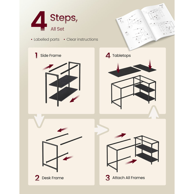 Corner Computer Desk With Adjustable Storage Shelves, L Shaped Gaming Table For Office, 76cm H x 110cm W x 80cm D, Black