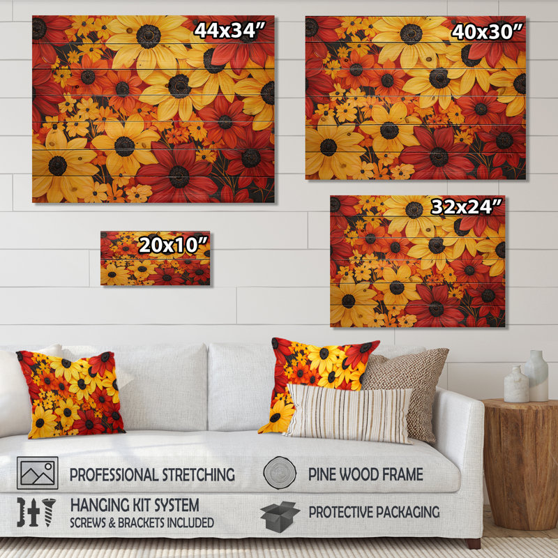«Autumn Daisy Garden Charm I» - marguerites, art mural sur bois de pin naturel, H 30 po x l 40 po x P 0,78 po