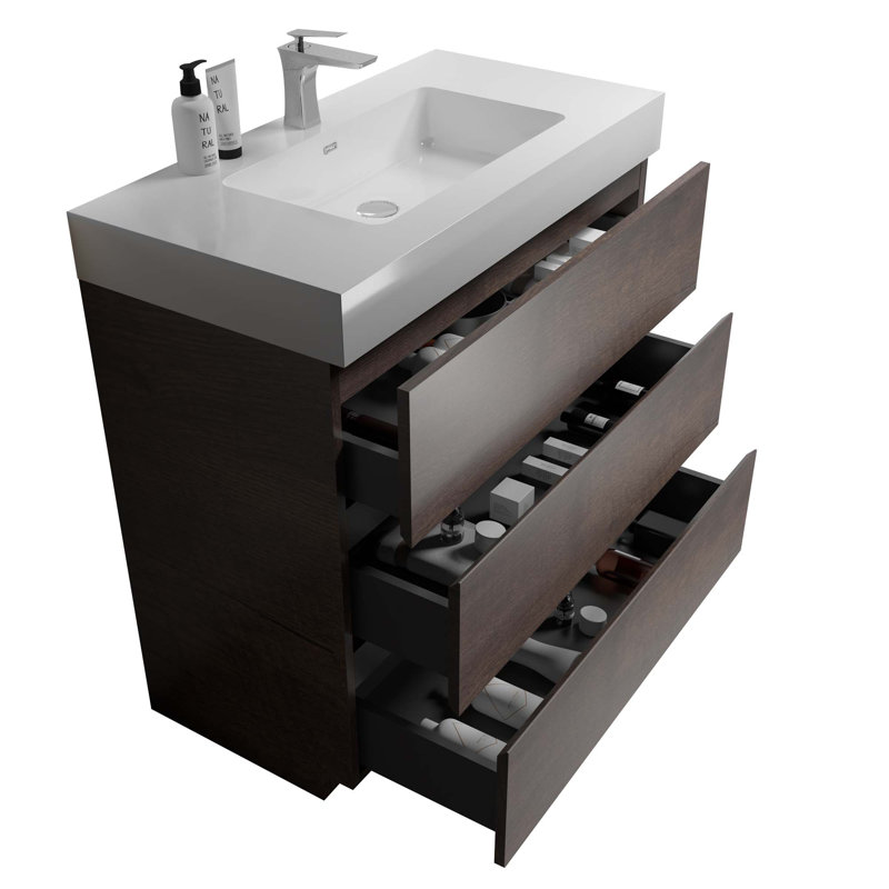 Meuble-lavabo autoportant moderne avec lavabo sans drain et robinet, Brun, Blanc