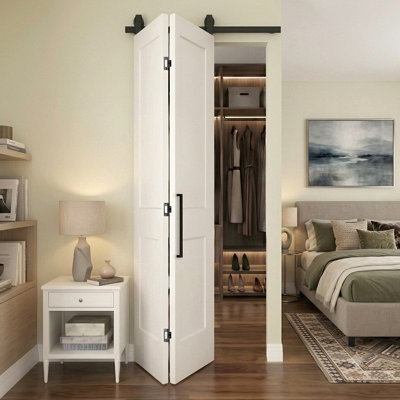 36"x84" Prefinished Laminated Texture Black Hollow Core Composite Bi Fold Barn Door with Brushed Gold Finish Installation Hardware
