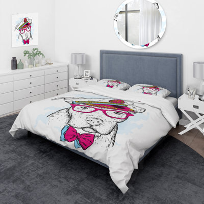 Portrait Of A Dog With Fuchsia Glasses And A Hat - Children Duvet Cover Set - Microfiber Polyester