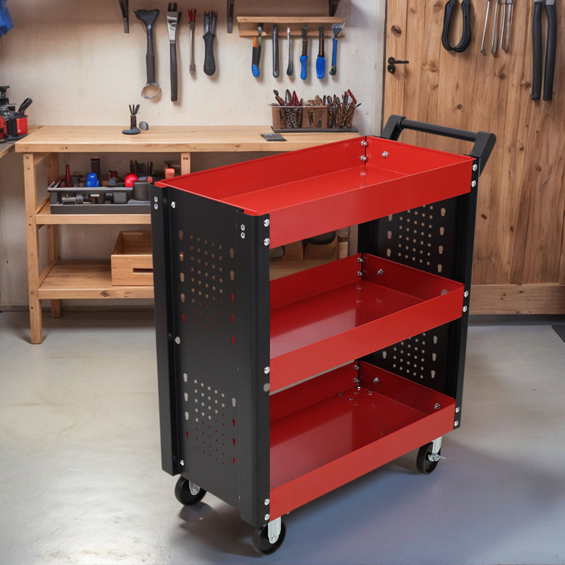 Chariot à outils robuste à 3 niveaux avec panneau perforé pour garage et atelier, Noir / Rouge
