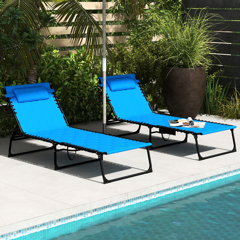 Méridienne près de la piscine, bleue, pliable avec 5 niveaux d'inclinaison, siège rembourré et, positions de bain de soleil pliables avec poches latérales, surface