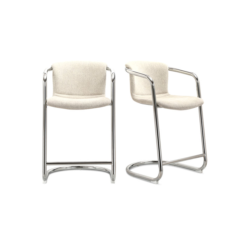 Tabouret de comptoir, revêtement en polyester, structure en fer chromé, crème mélangée - ensemble de 2