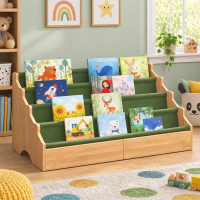 Un porte-livres en bambou vert de style Montessori permet de placer les livres sur un présentoir ouvert et orienté vers l'avant pour les coins lecture, les salles de classe, les chambres de bébé ou les salles de jeux.