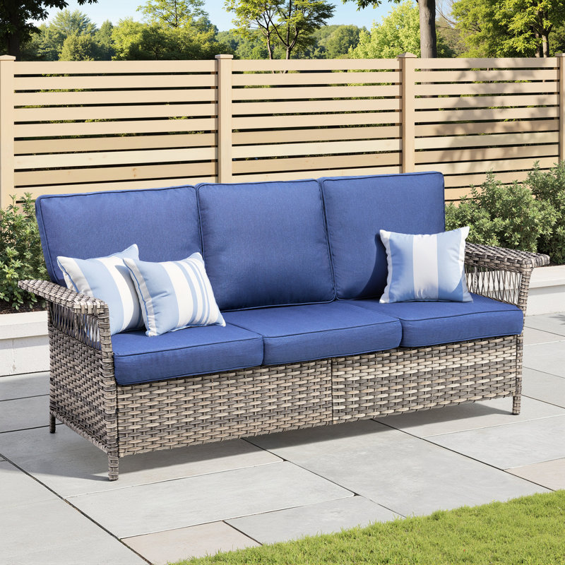 Canapé d'extérieur de 195 cm de large, coussins bleus avec protection, résistant aux intempéries et