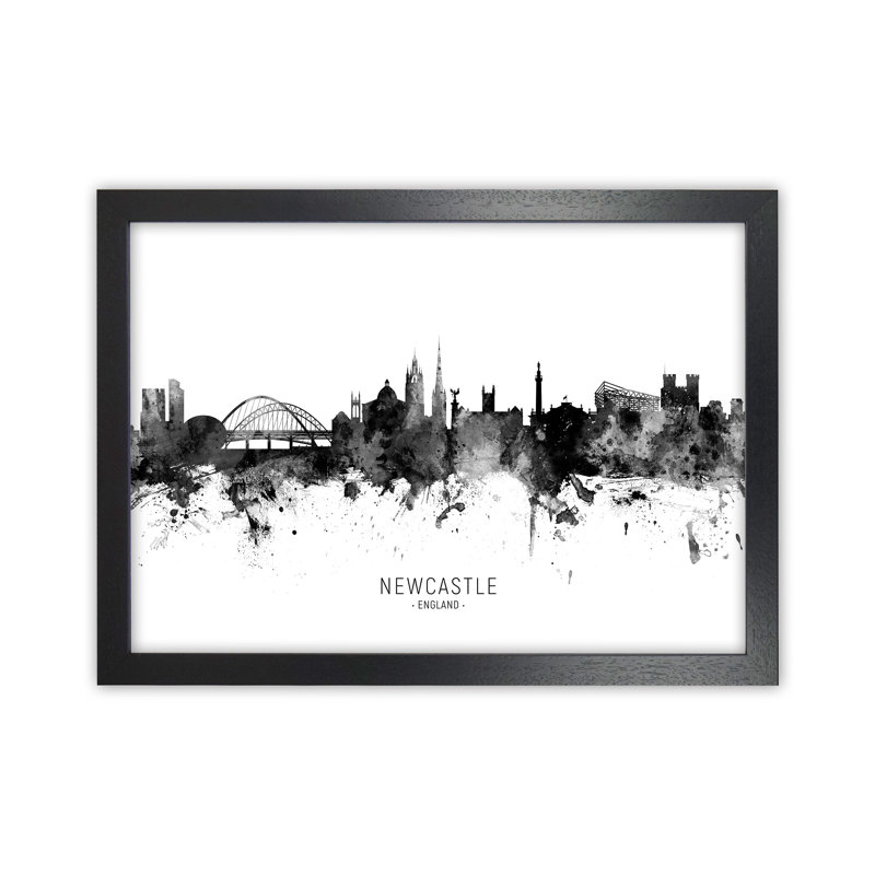 Newcastle England Skyline Black White City Name by Michael Tompsett - Print, 46cm H x 63cm W x 3cm D, Black Framed