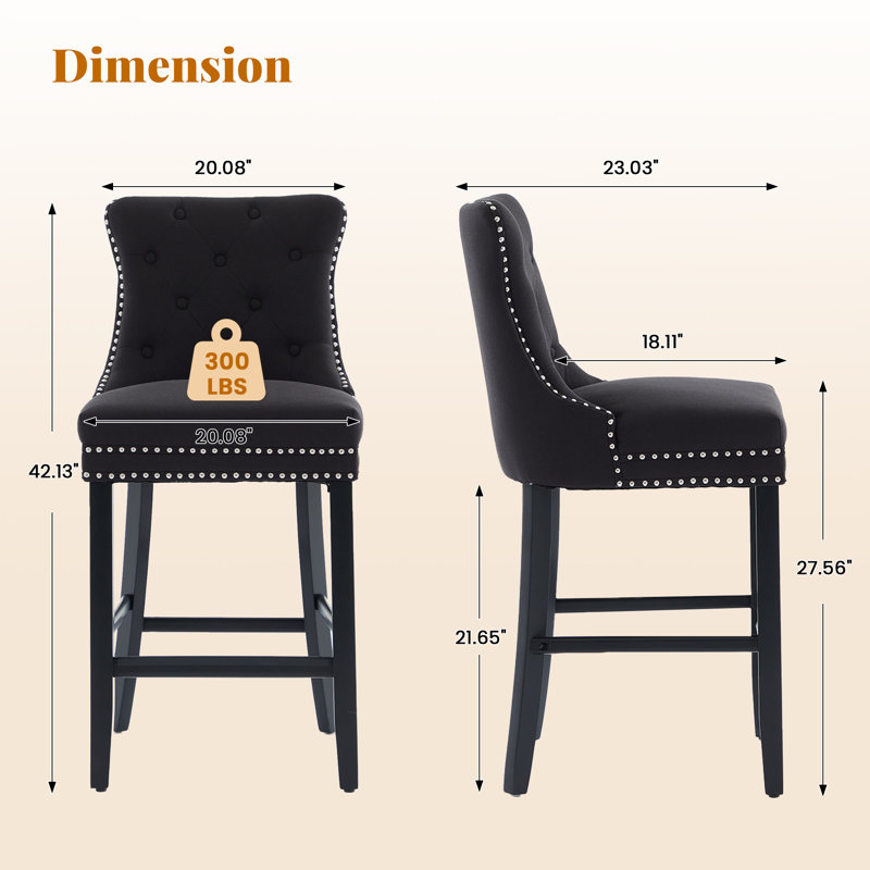 27.5'' Upholstered Bar Counter Stool with Solid Wood Frame(Set of 2), Black