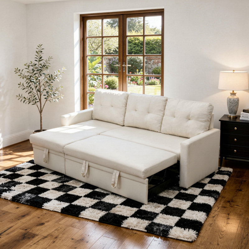 Upholstered L-Shape Beige Linen Space-Saving Sleeper Pull-Out Sofa With Hidden Storage, Beige Linen Blend