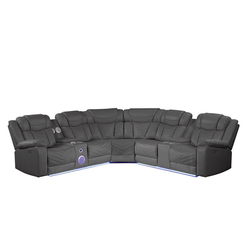 Challenger Modern Style Recliner Sectional Sofa, Built In USB-C Ports & Bluetooth, Made With Wood & Faux Leather In Grey