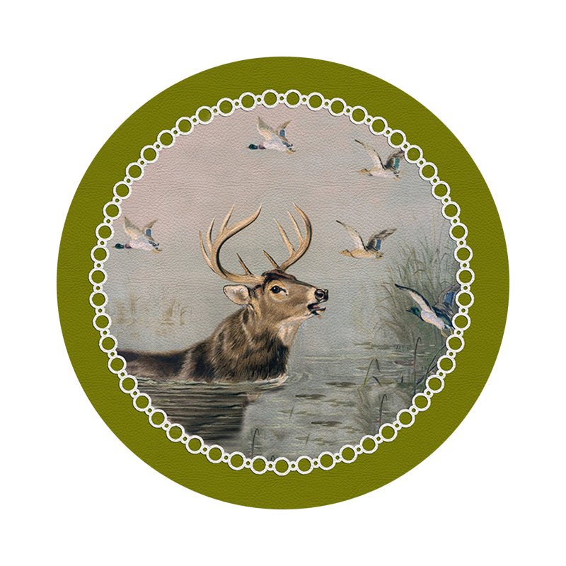 English Stag Vegan Leather Round Pebble Placemat, Chartreuse