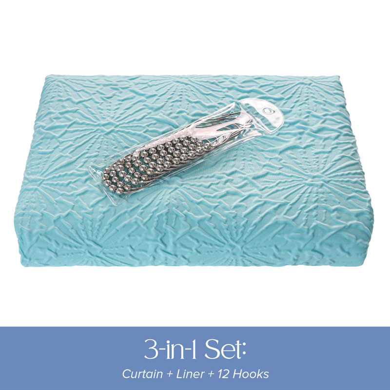 Rideau de douche à motif floral Preslynn avec crochets inclus et doublure incluse, Turquoise clair