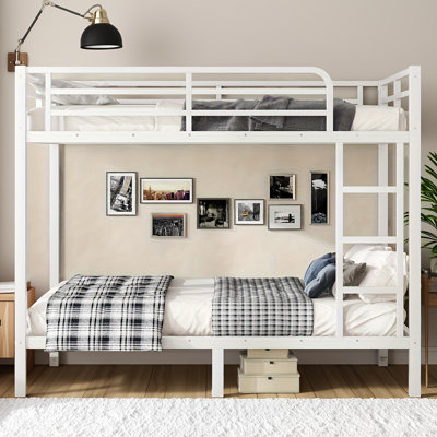 Lit superposé double en métal pour les adolescents et les adultes, structure peu encombrante, réducteur de bruit, sans sommier, avec rangement sous le lit, blanc