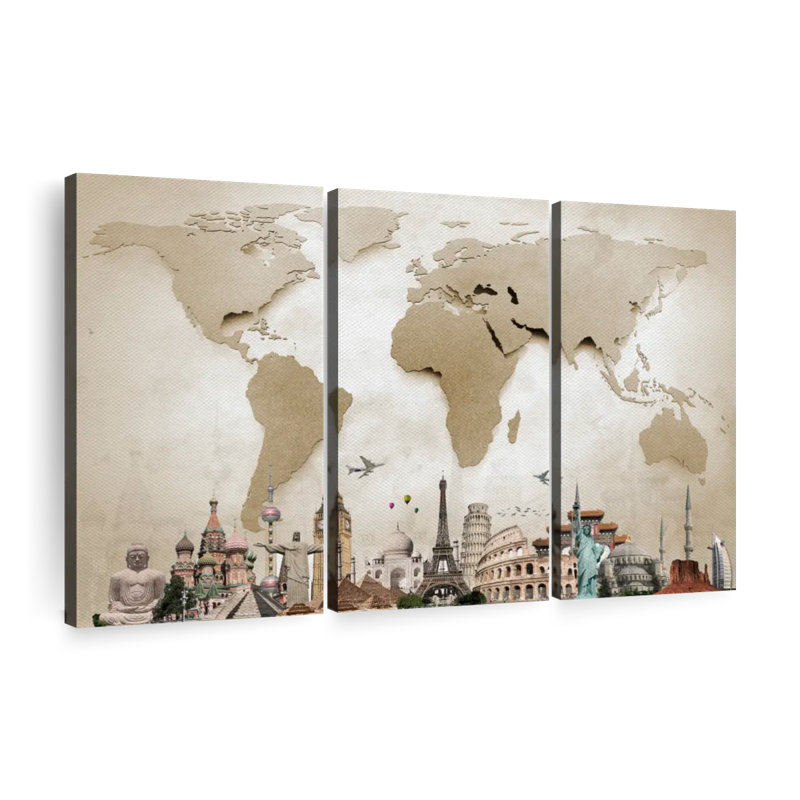 Neutre carte du monde sur toile en acier 3 pièces, H 38 po x l 24 po x P 1,25 po