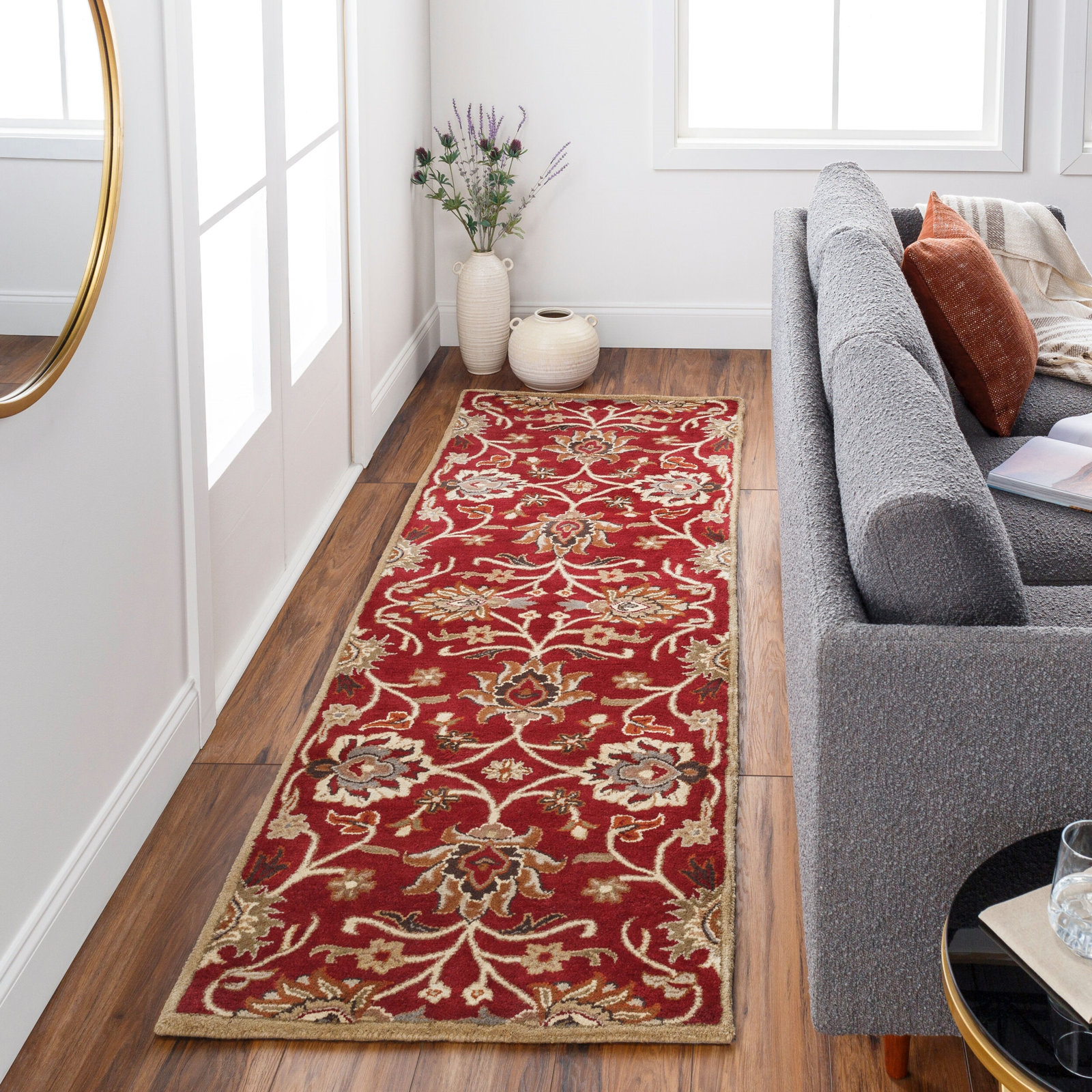 Arden Burgundy Hand-Tufted Wool Floral Rug, Rectangle 3' x 12'