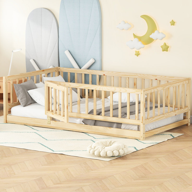 Lit simple pour lit de style avec 7 lattes en contreplaqué, clôture et porte, bois de pin, facile à assembler, capacité de 250 lb, pin amovible de haute qualité en chêne naturel, clôture de 21,5 po, poids
