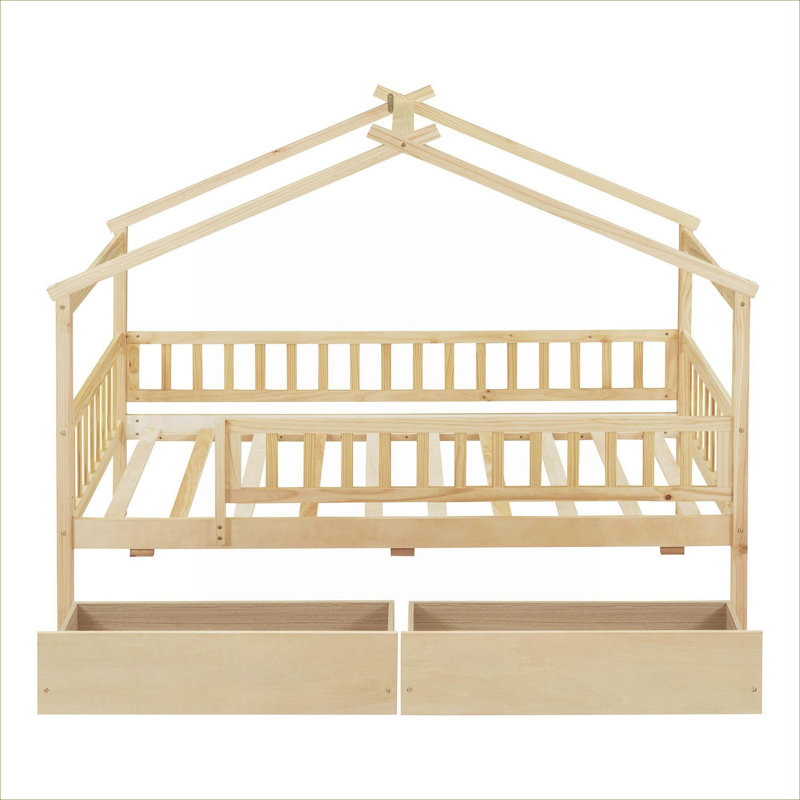 Lit plateforme simple en bois massif à finition naturelle pour chambre d'enfant avec deux tiroirs de rangement intégrés