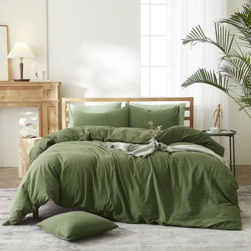 Ensemble de housse de couette douce en coton délavé Boho, Vert d’armée, Housse de couette grand et 2 taies d'oreiller stan