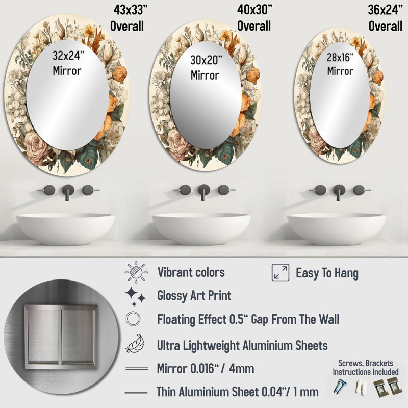 Cream And Orange Flowers Bouquet Interpretation I - Garden Oval Wall Mirror, 36" x 24"