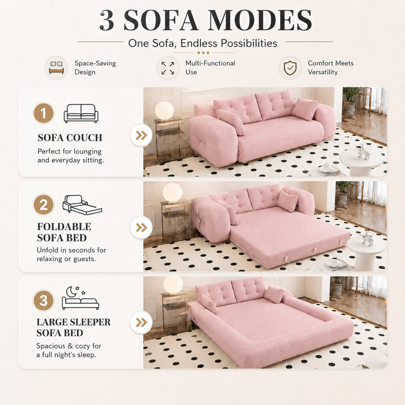 Canapé-lit convertible en chenille avec coussins, Molleton rose, Rose